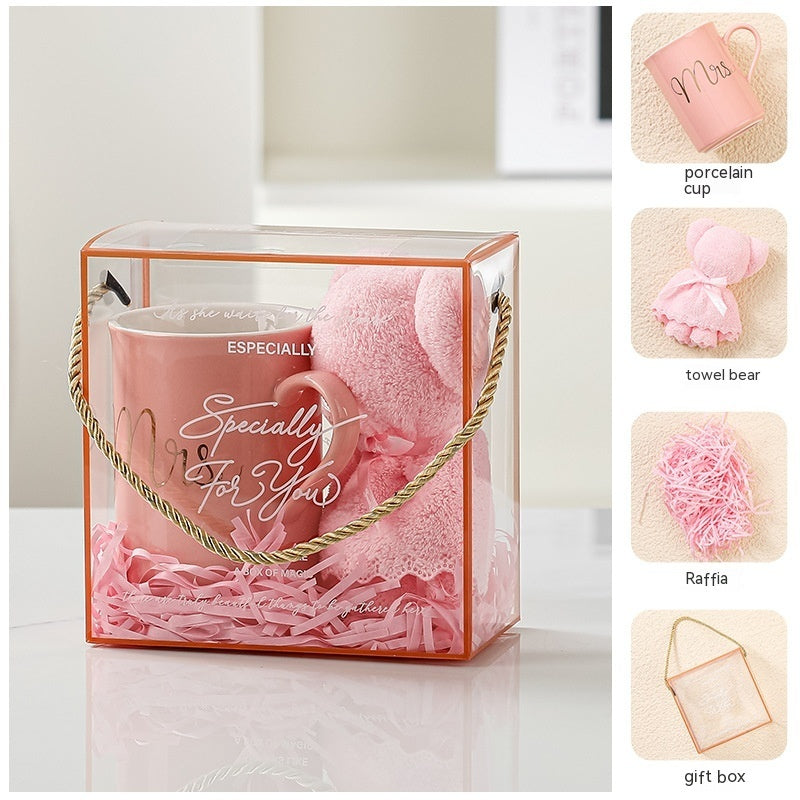 Home Creative Companion Gift Set – Elegant ceramic cup, towel bear, raffles, and gift box in light luxury pink, blue, and letter designs. Perfect for gifting!