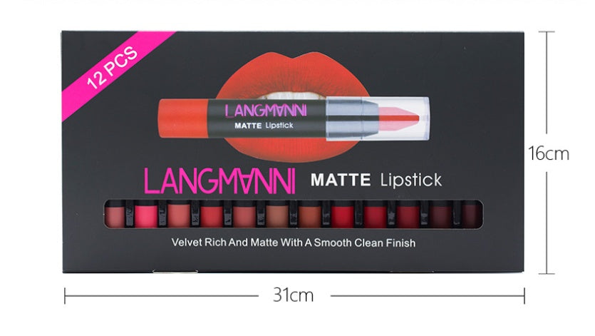 Matte velvet lipstick set with 12 shades (3.5g each), offering long-lasting color, moisturizing properties, and a smooth, healthy finish for lips.