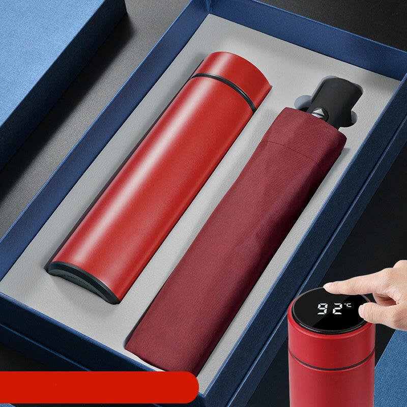 Business automatic umbrella with one-button open/close, lightweight at 380g, paired with a sleek 304 stainless steel mug available in three color options.