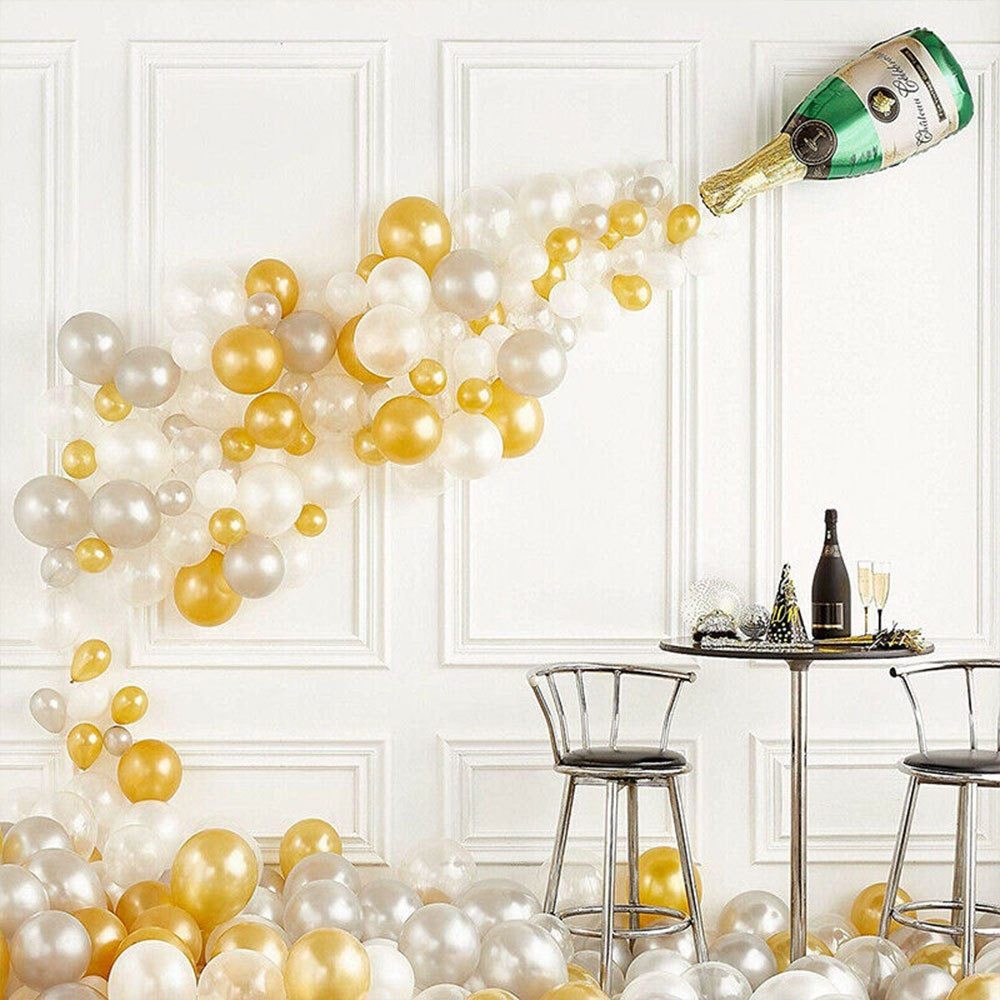 Birthday Party Balloon Decoration set in golden color includes a large wine bottle, 10 golden balloons, 10 silver balloons, 20 gold glitter balloons, and a golden ribbon. Perfect for festive celebrations!