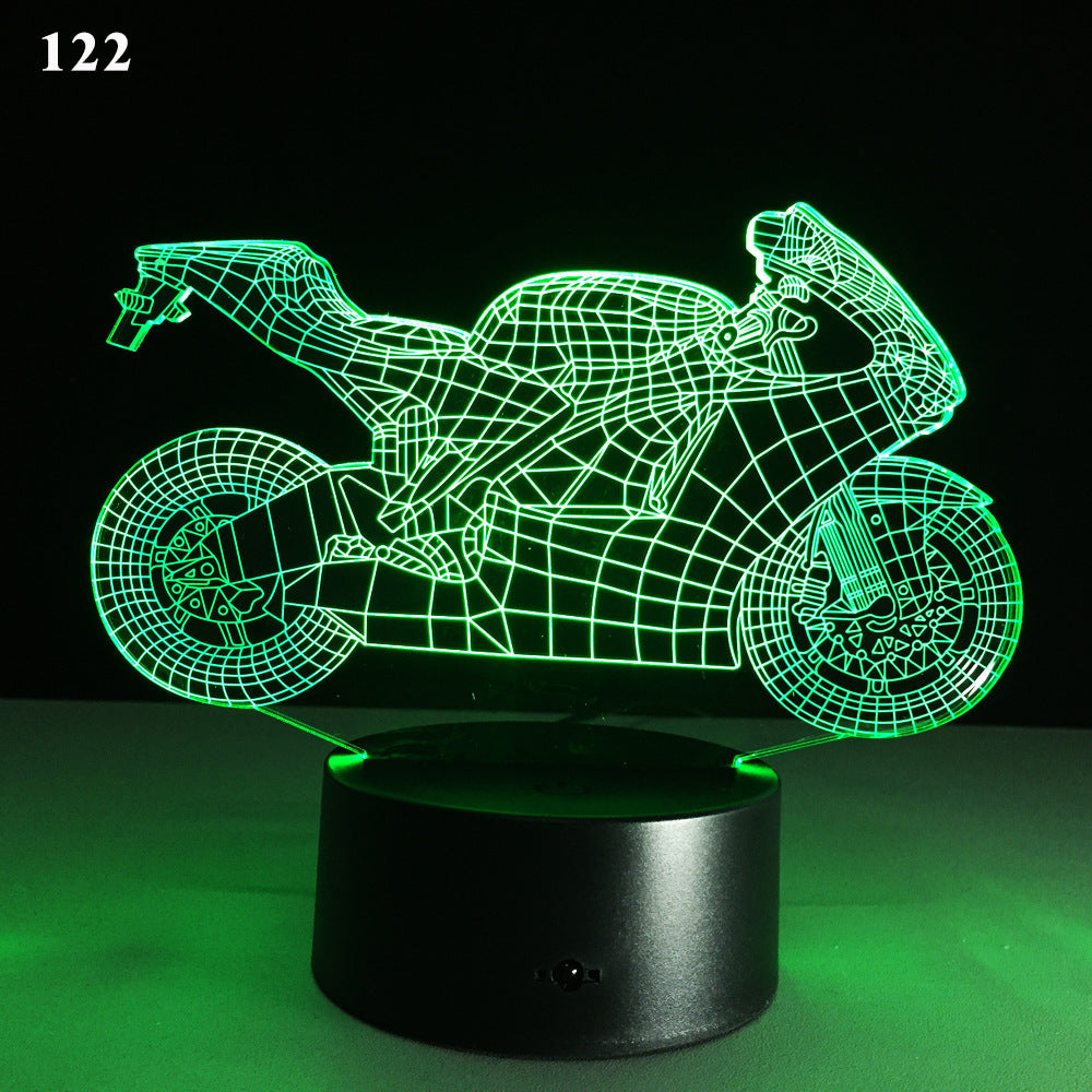 Motorcycle LED desk lamp with a black background and colorful touch controls, featuring an acrylic shade for a sleek and modern look. Ideal for home, hotel rooms, corridors, and entertainment spaces.