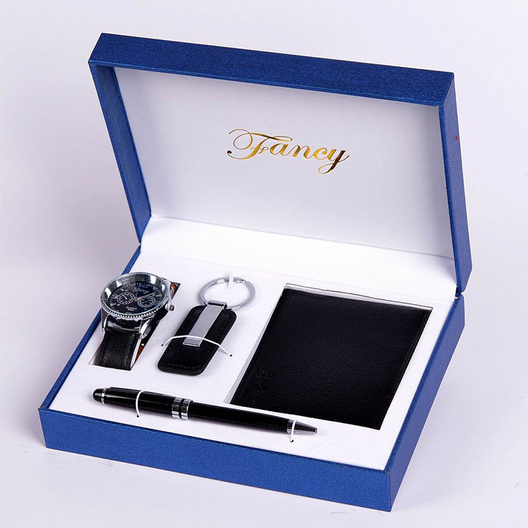 "Men's Wallet Gift Set with Wallet, Alloy Watch, Keychain, and Pen – Stylish Business Gift Set in Black with Stripes, Suitable for Anniversaries, Promotions, and More."