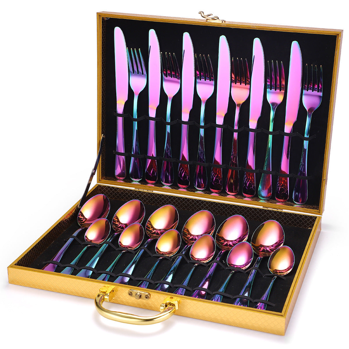 A 24-piece stainless steel cutlery set, made from durable 18/10 stainless steel, eco-friendly, BPA-free, and dishwasher safe. Includes forks, knives, spoons, and teaspoons.