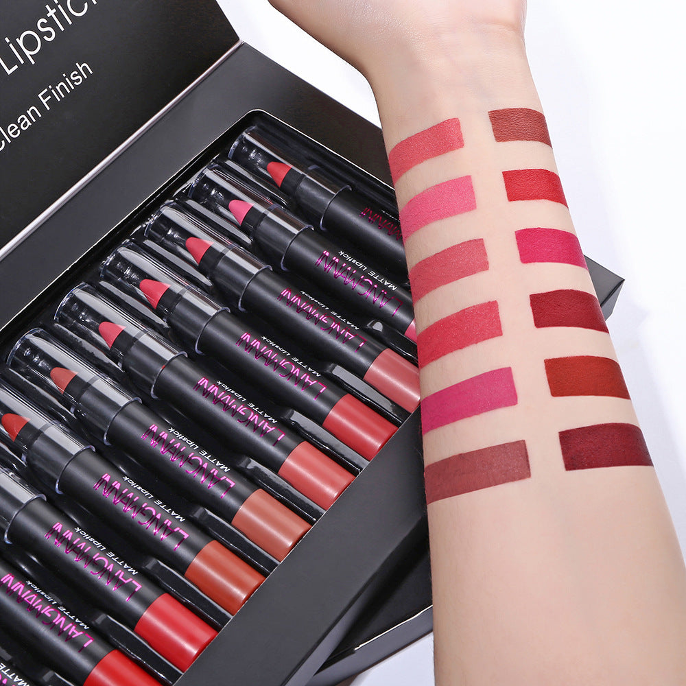Matte velvet lipstick set with 12 shades (3.5g each), offering long-lasting color, moisturizing properties, and a smooth, healthy finish for lips.