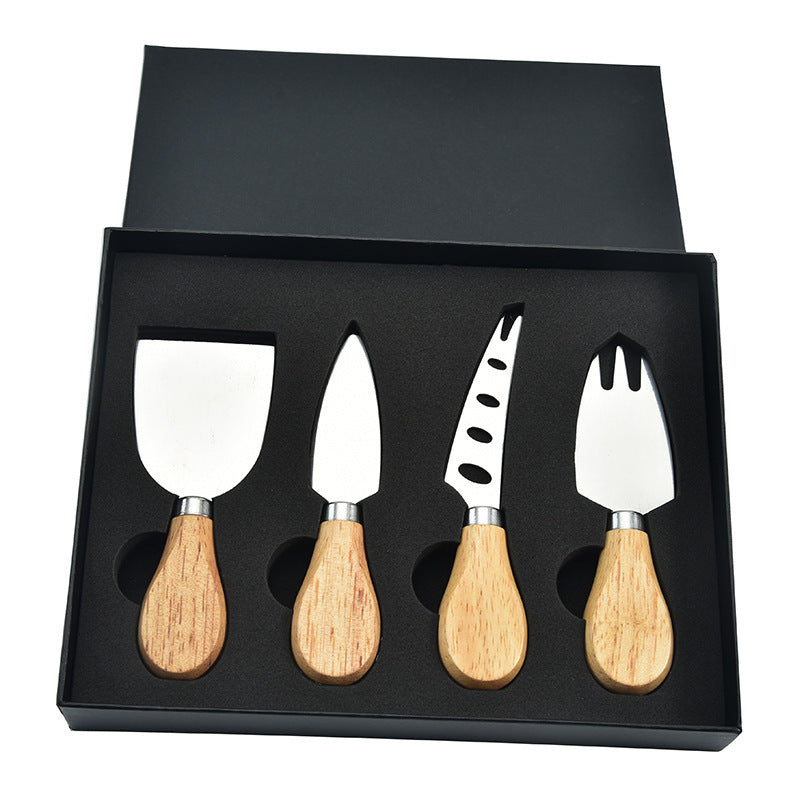 6-piece stainless steel cheese cutter set with ergonomic handles, designed for slicing different types of cheese. Custom logo printing available, perfect for gifting or personal use.