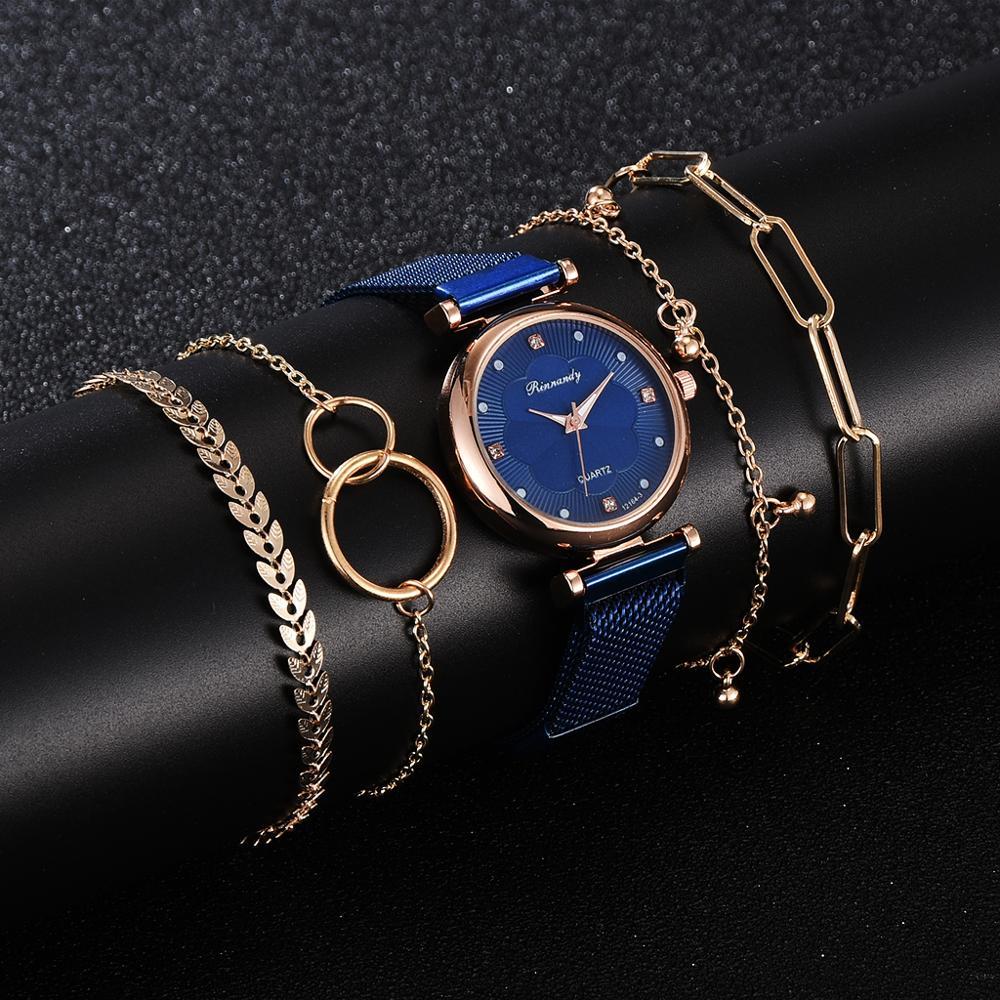 Bracelet and strap watch set featuring a simple, casual, and fashionable design with an alloy strap, magnet buckle clasp, and an elegant matching bracelet.