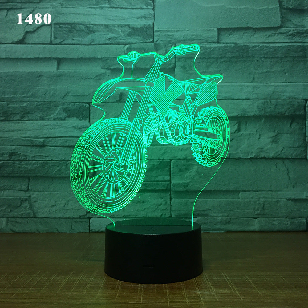 Motorcycle LED desk lamp with a black background and colorful touch controls, featuring an acrylic shade for a sleek and modern look. Ideal for home, hotel rooms, corridors, and entertainment spaces.
