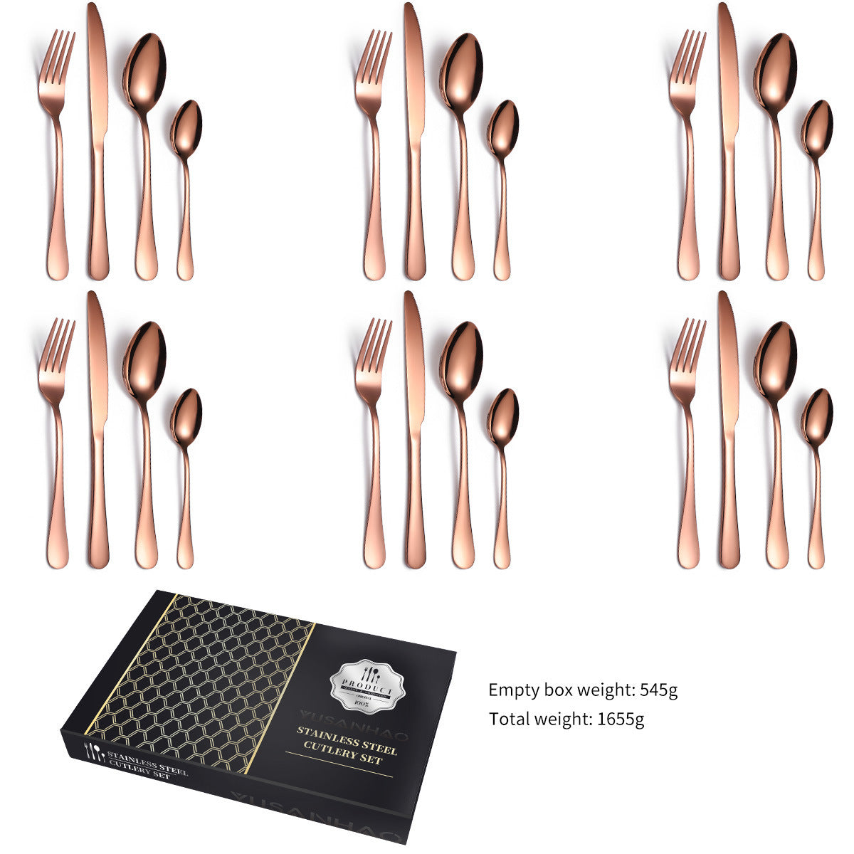 A 24-piece stainless steel cutlery set, made from durable 18/10 stainless steel, eco-friendly, BPA-free, and dishwasher safe. Includes forks, knives, spoons, and teaspoons.