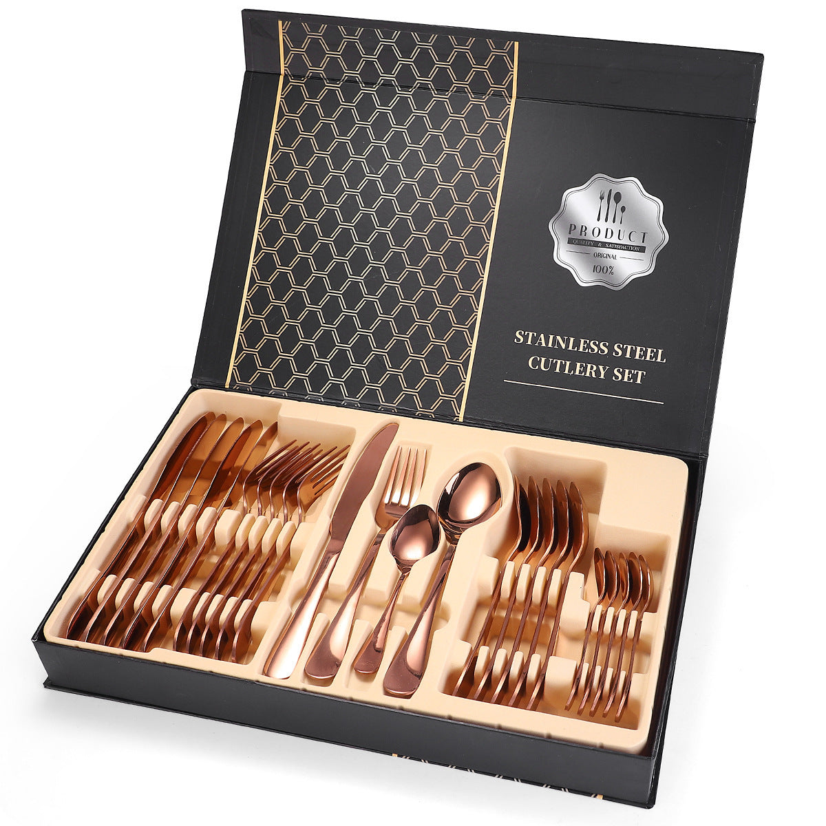 A 24-piece stainless steel cutlery set, made from durable 18/10 stainless steel, eco-friendly, BPA-free, and dishwasher safe. Includes forks, knives, spoons, and teaspoons.