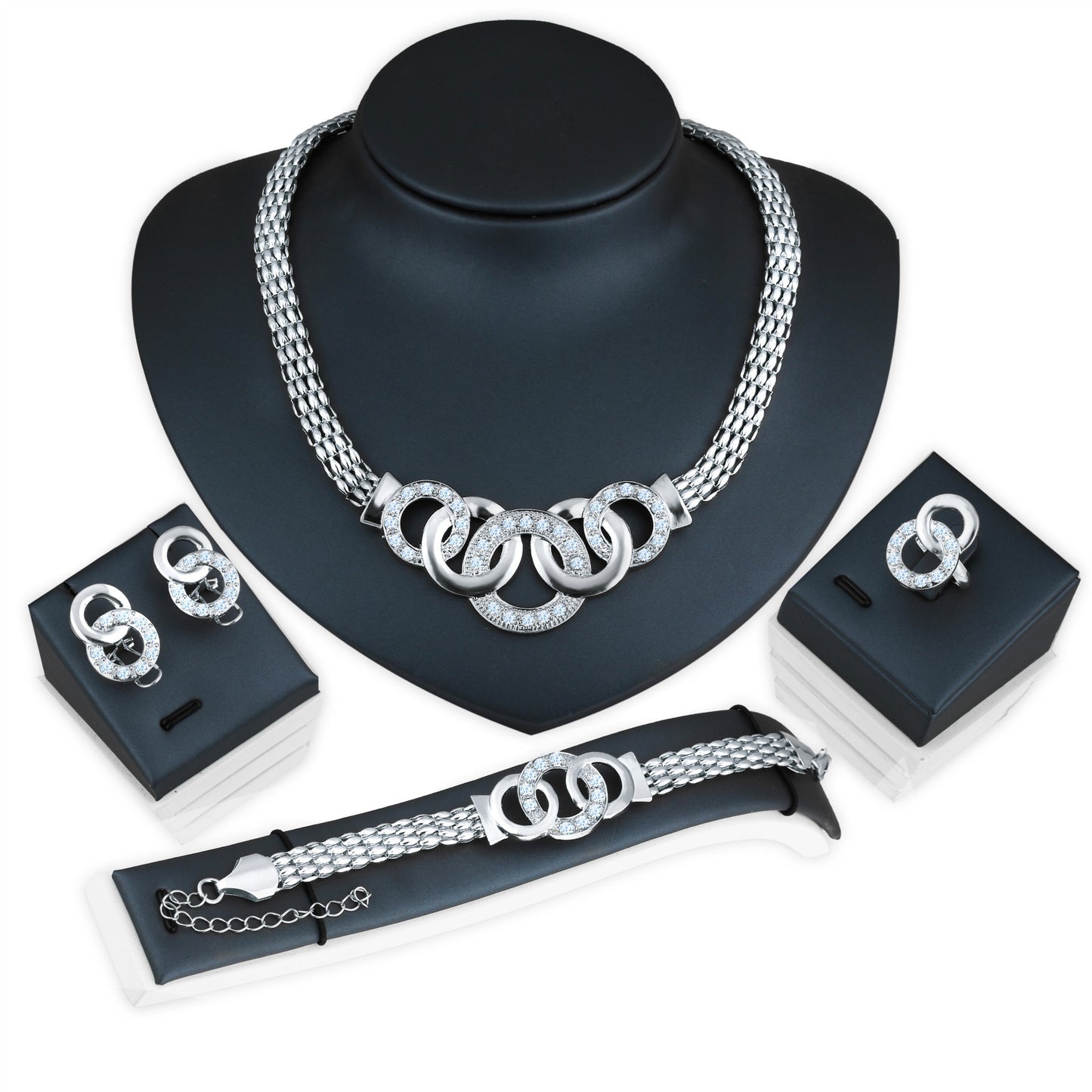 4-piece couple-style jewelry gift set featuring rhinestone earrings, hand accessories, and item accessories with alloy inlaid artificial gems and semi-precious stones. Includes a stylish horsewhip chain.