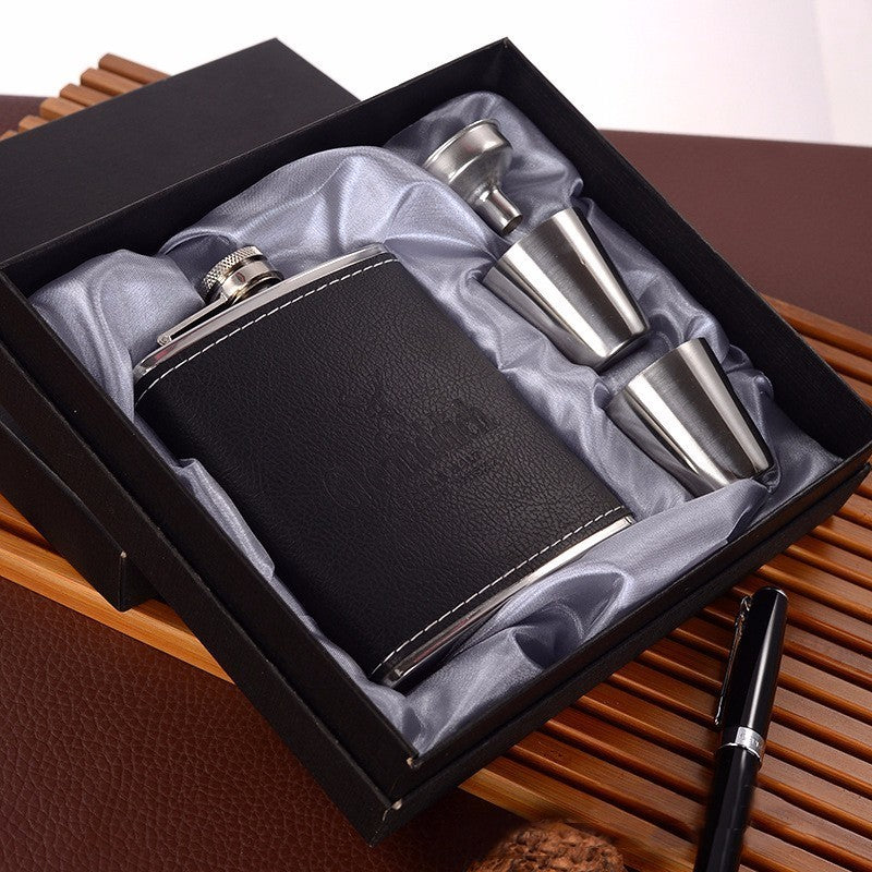 Stainless Steel Bottle Set with a 7oz bottle, funnel, two cups, and a gift box. Elegant and durable design, perfect for gifting or personal use.