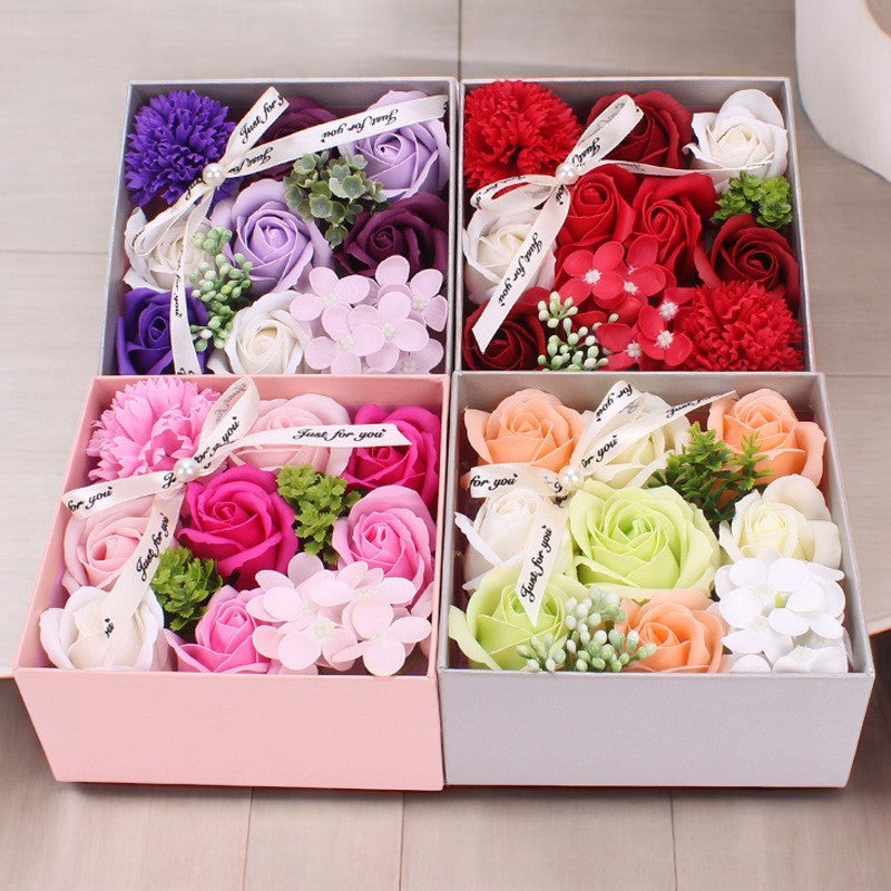 Handmade soap flower gift box with rose, carnation, and hydrangea in four color options: First Love Powder, Hot Love, Romantic Purple, and Candy Green. Perfect for various occasions