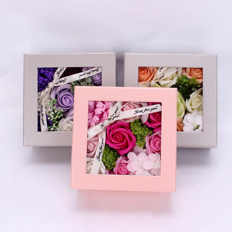 Handmade soap flower gift box with rose, carnation, and hydrangea in four color options: First Love Powder, Hot Love, Romantic Purple, and Candy Green. Perfect for various occasions
