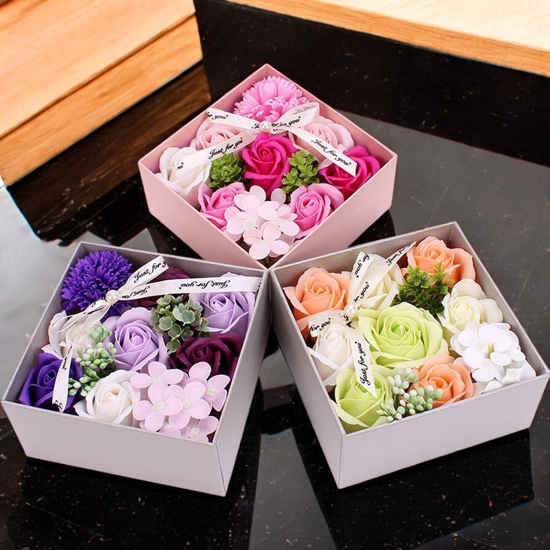 Handmade soap flower gift box with rose, carnation, and hydrangea in four color options: First Love Powder, Hot Love, Romantic Purple, and Candy Green. Perfect for various occasions