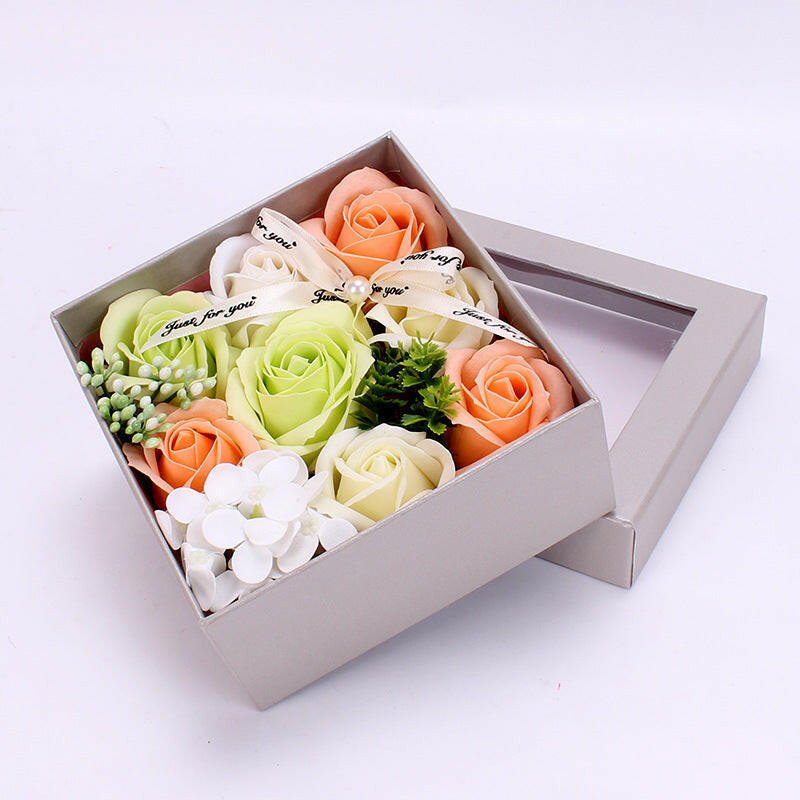 Handmade soap flower gift box with rose, carnation, and hydrangea in four color options: First Love Powder, Hot Love, Romantic Purple, and Candy Green. Perfect for various occasions