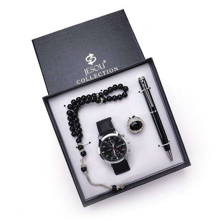 A chic boutique gift set featuring a stylish watch, a rosary, a ring, and a sleek pen, all presented in elegant black and brown color options.