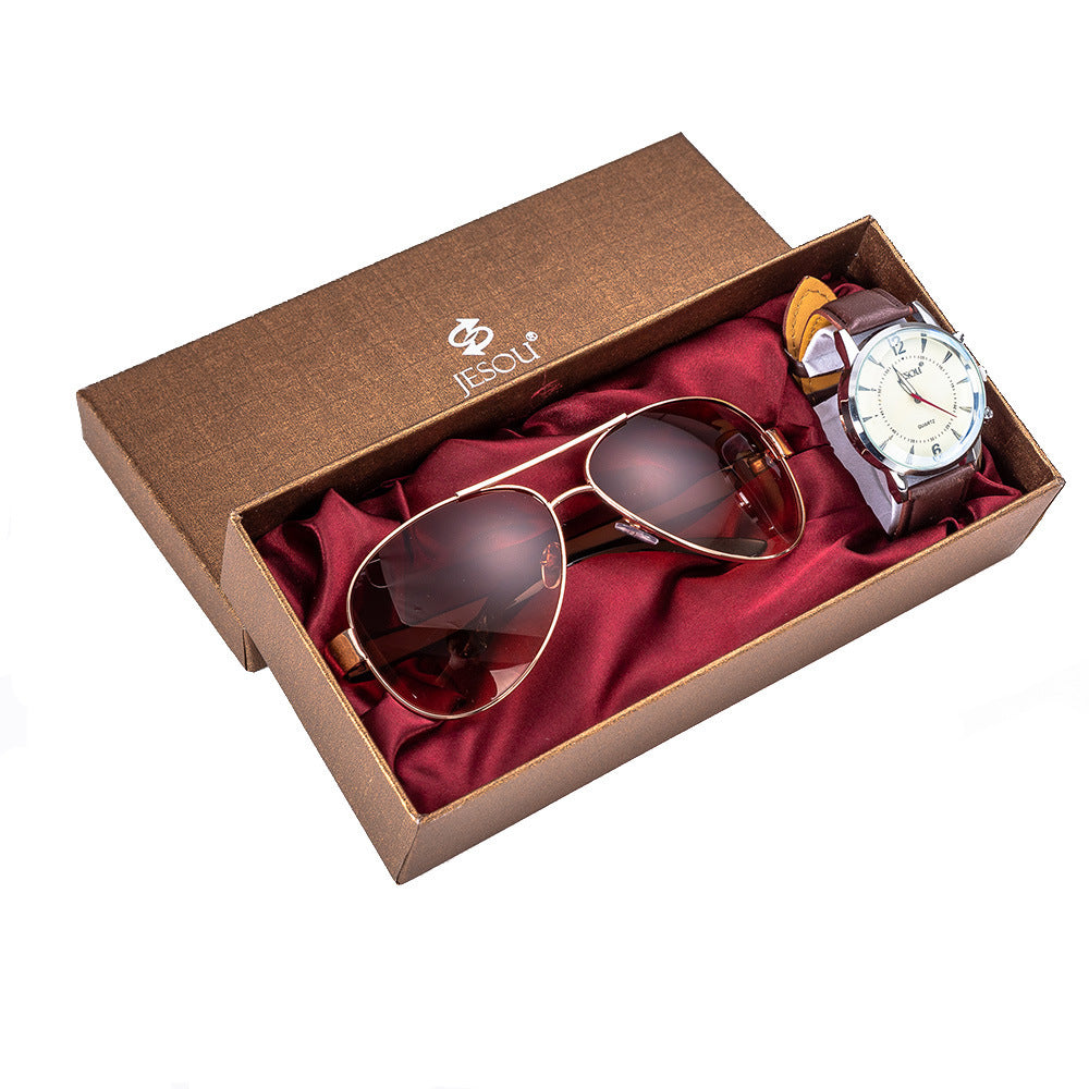Watch and sunglasses creative combination set featuring a quartz movement watch with a 40mm round dial, imitation leather strap, and stainless steel pin buckle, paired with stylish sunglasses for a business-ready look
