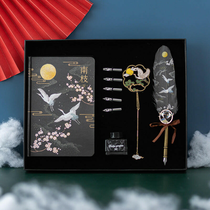 Elegant Chinese style feather pen gift set with metal shell, featuring vibrant feathers in Linghe, Songhe, Yunhe, and Guihe colors, and a stylish pen sheath.
