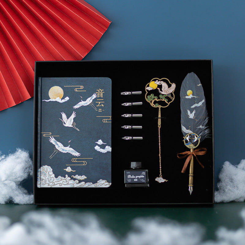 Elegant Chinese style feather pen gift set with metal shell, featuring vibrant feathers in Linghe, Songhe, Yunhe, and Guihe colors, and a stylish pen sheath.