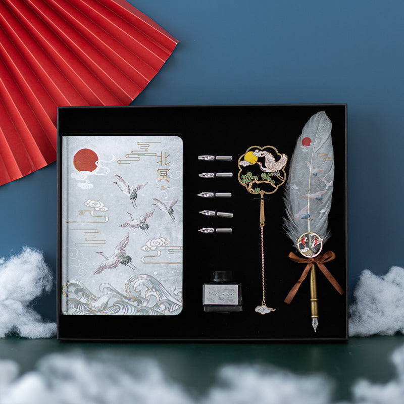 Elegant Chinese style feather pen gift set with metal shell, featuring vibrant feathers in Linghe, Songhe, Yunhe, and Guihe colors, and a stylish pen sheath.