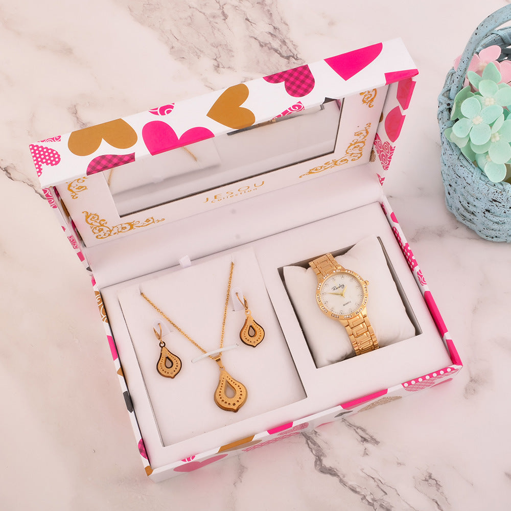 Elegant and functional Girl Gift Watch & Necklace Set with a life waterproof feature, perfect for young girls. Quartz movement, 35mm round dial with a sleek glass mirror, alloy buckle, and textile strap for comfort and durability. Includes a beautiful matching necklace, ideal for any special occasion.