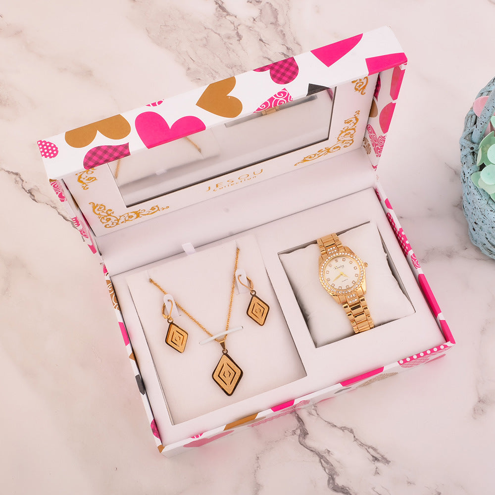 Elegant and functional Girl Gift Watch & Necklace Set with a life waterproof feature, perfect for young girls. Quartz movement, 35mm round dial with a sleek glass mirror, alloy buckle, and textile strap for comfort and durability. Includes a beautiful matching necklace, ideal for any special occasion.