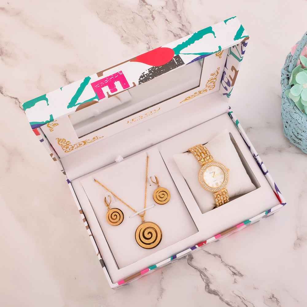 Elegant and functional Girl Gift Watch & Necklace Set with a life waterproof feature, perfect for young girls. Quartz movement, 35mm round dial with a sleek glass mirror, alloy buckle, and textile strap for comfort and durability. Includes a beautiful matching necklace, ideal for any special occasion.