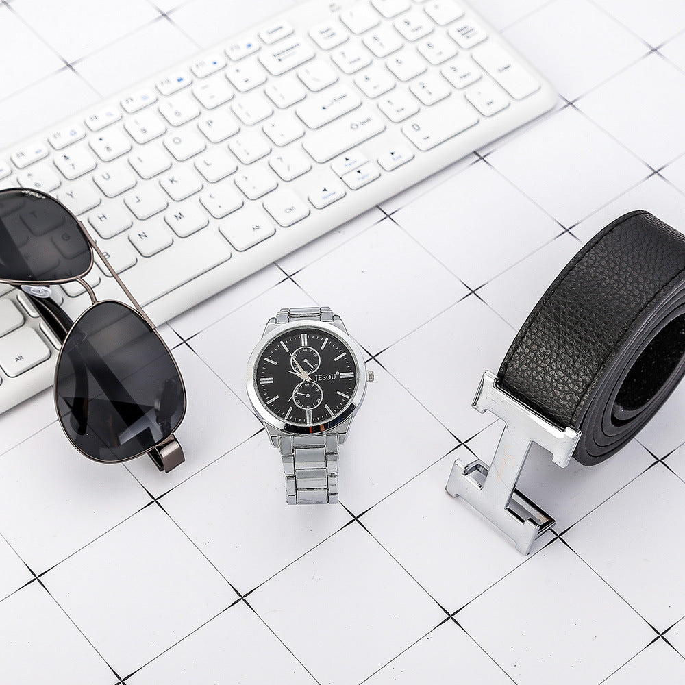 **Men's Watch Gift Set – Stylish & Functional ⌚** A sleek **42mm dial** with a **chronograph** function and **quartz movement** for accurate timekeeping. Featuring a classic **pointer display**, **spiral crown**, and **9mm thickness** for a comfortable fit. Fashion-forward design, perfect for any occasion. Not waterproof but built for everyday wear. Great for gifting! 🎁
