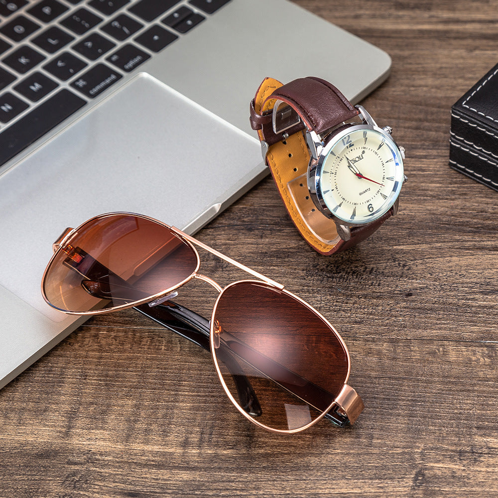 Watch and sunglasses creative combination set featuring a quartz movement watch with a 40mm round dial, imitation leather strap, and stainless steel pin buckle, paired with stylish sunglasses for a business-ready look