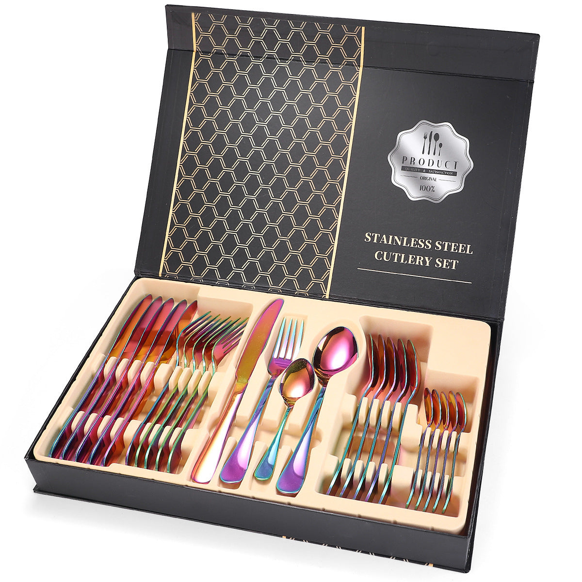 A 24-piece stainless steel cutlery set, made from durable 18/10 stainless steel, eco-friendly, BPA-free, and dishwasher safe. Includes forks, knives, spoons, and teaspoons.