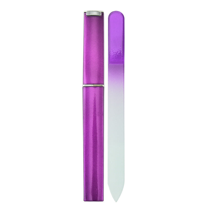 Nail file polishing manicure set made of plastic and nano glass, available in six colors (Pink, Blue, Cyan, Yellow, Purple, Green). Compact size (14 * 1.2 cm) with a thickness of 0.3mm, packaged in a convenient storage box for easy use and organization.