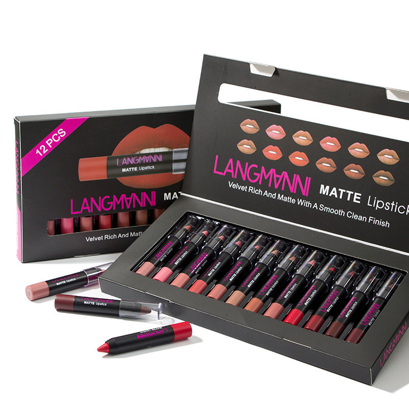 Matte velvet lipstick set with 12 shades (3.5g each), offering long-lasting color, moisturizing properties, and a smooth, healthy finish for lips.