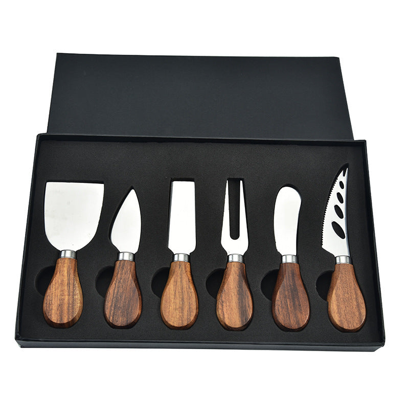 6-piece stainless steel cheese cutter set with ergonomic handles, designed for slicing different types of cheese. Custom logo printing available, perfect for gifting or personal use.
