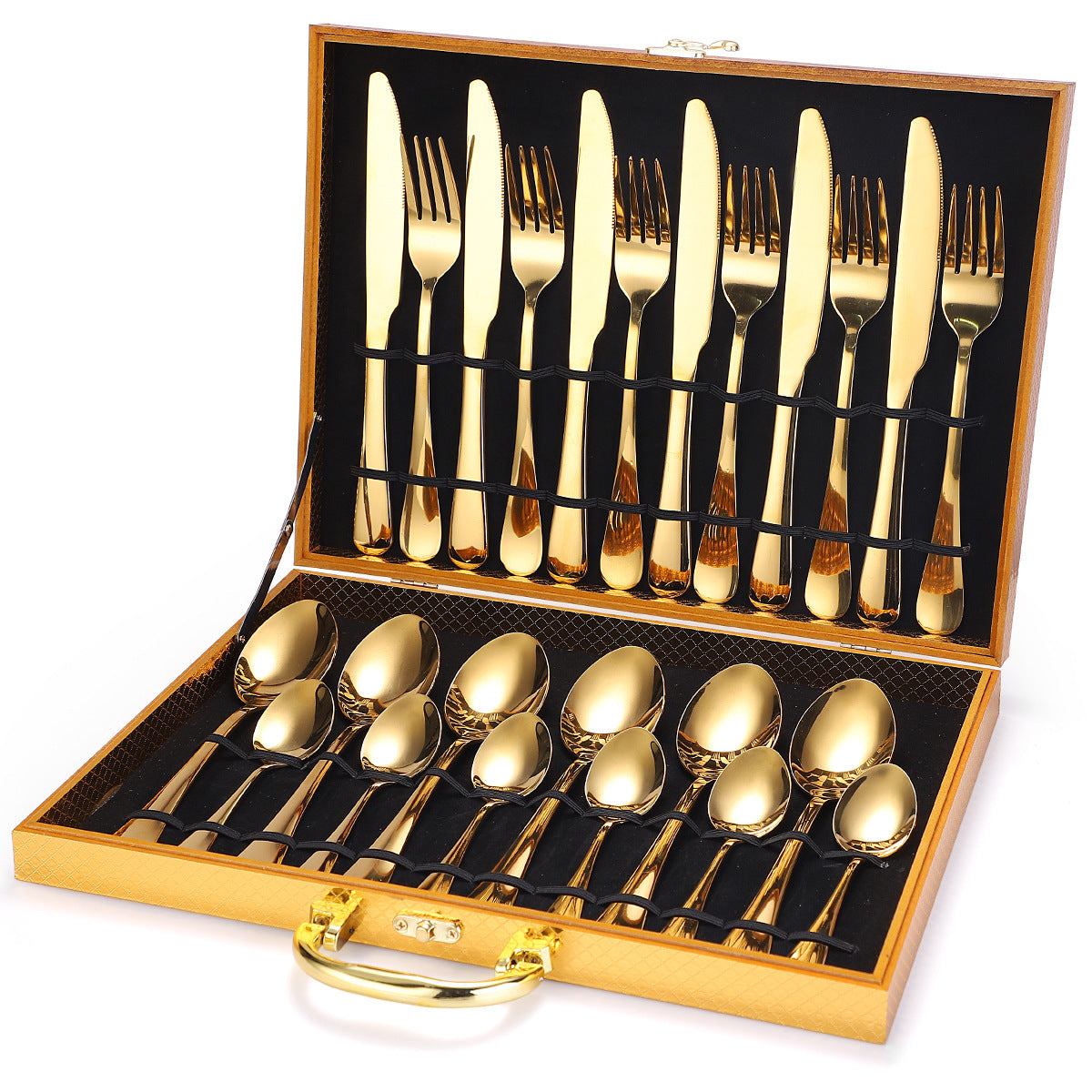 A 24-piece stainless steel cutlery set, made from durable 18/10 stainless steel, eco-friendly, BPA-free, and dishwasher safe. Includes forks, knives, spoons, and teaspoons.