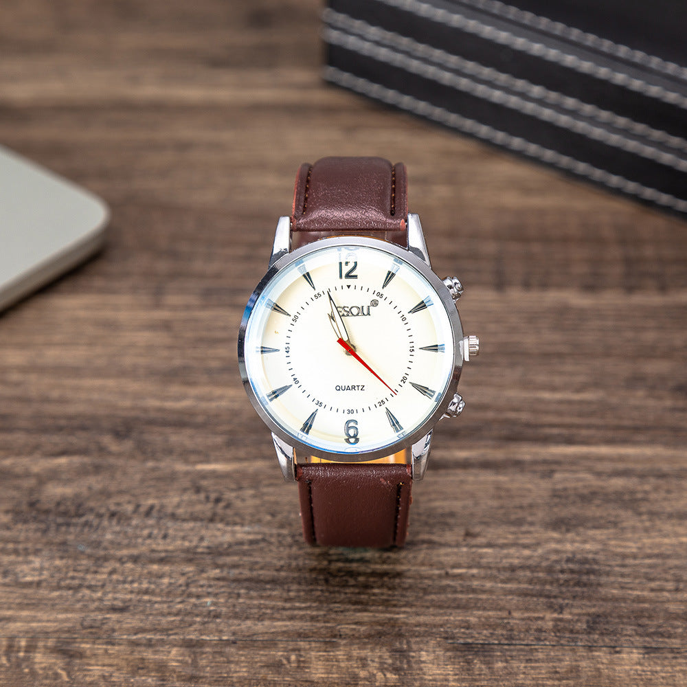 Watch and sunglasses creative combination set featuring a quartz movement watch with a 40mm round dial, imitation leather strap, and stainless steel pin buckle, paired with stylish sunglasses for a business-ready look