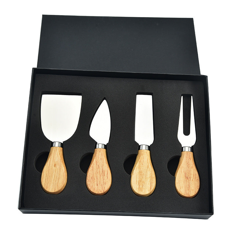 6-piece stainless steel cheese cutter set with ergonomic handles, designed for slicing different types of cheese. Custom logo printing available, perfect for gifting or personal use.