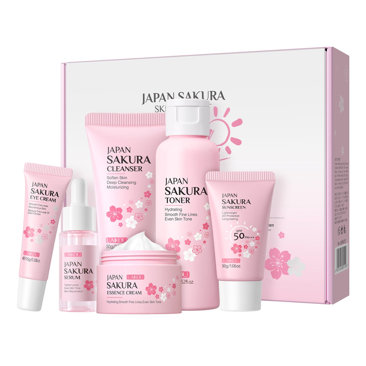 Indulge in the delicate touch of cherry blossoms with this luxurious 6-piece skincare setโspecially designed to cleanse, nourish, and rejuvenate your skin. Infused with the essence of cherry blossoms, this set delivers deep hydration, promotes a radiant glow, and leaves your skin feeling refreshed and silky smooth.