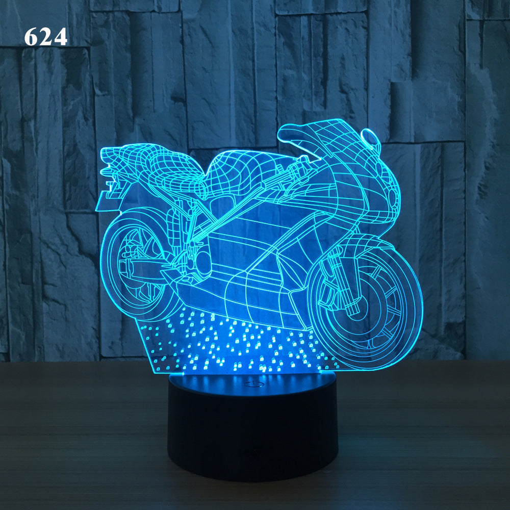 Motorcycle LED desk lamp with a black background and colorful touch controls, featuring an acrylic shade for a sleek and modern look. Ideal for home, hotel rooms, corridors, and entertainment spaces.