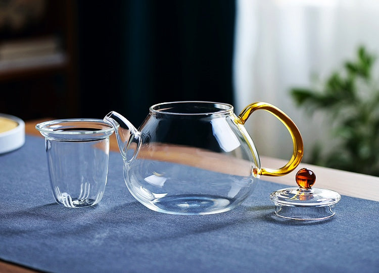 Teapot tea set for household use, featuring a 1000ML hand-painted heat-resistant glass teapot with an option to include 6 matching cups in a simple style design.