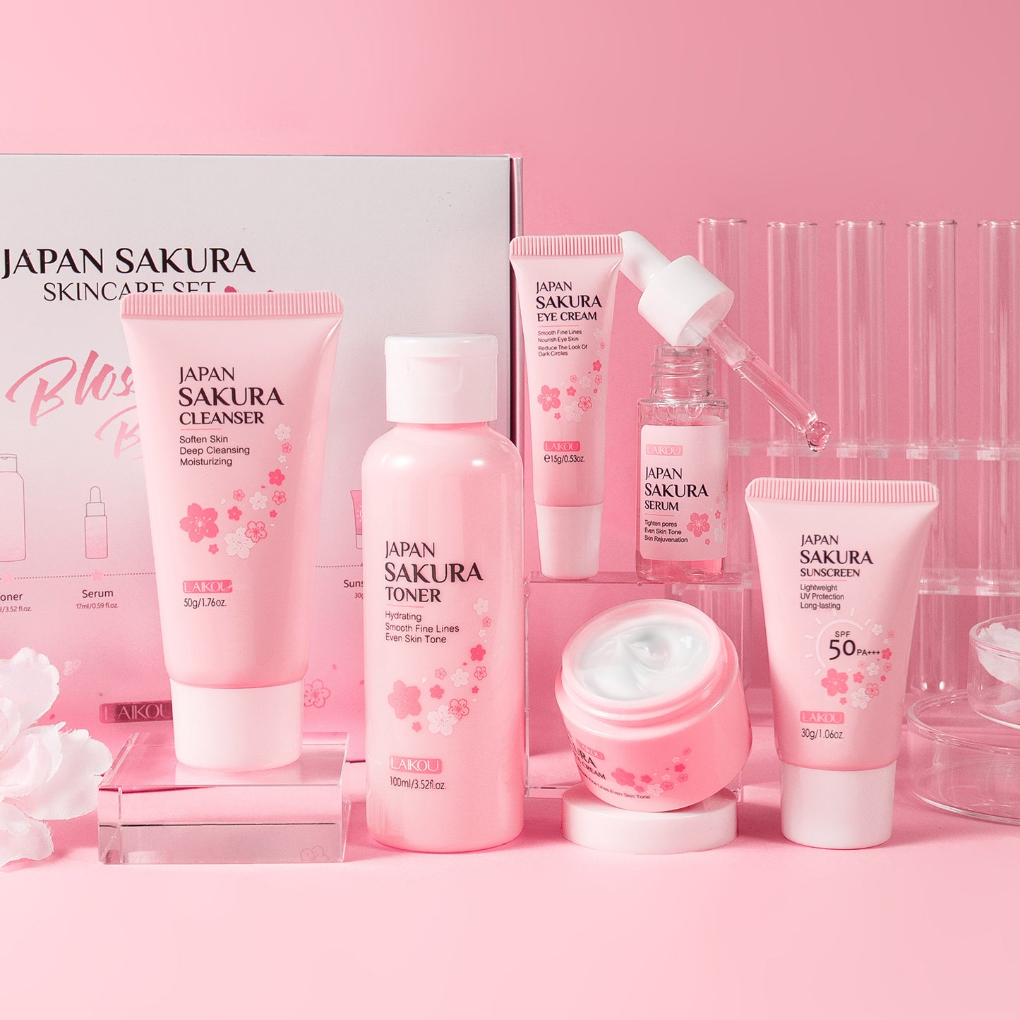 Indulge in the delicate touch of cherry blossoms with this luxurious 6-piece skincare setโspecially designed to cleanse, nourish, and rejuvenate your skin. Infused with the essence of cherry blossoms, this set delivers deep hydration, promotes a radiant glow, and leaves your skin feeling refreshed and silky smooth.