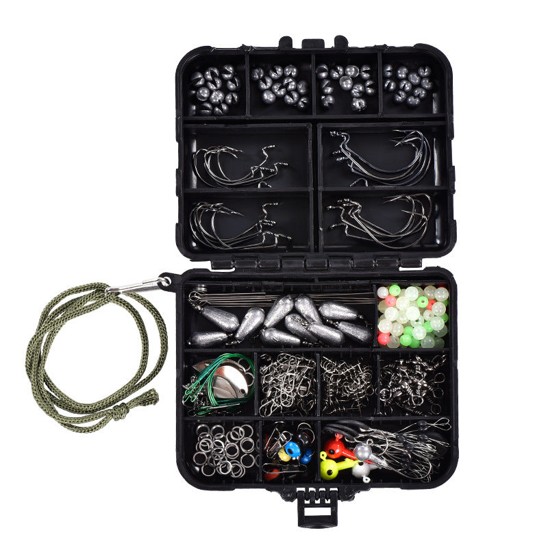 A comprehensive 246-piece sea fishing tackle set including hooks, lead sinkers, luminous beads, and other accessories, neatly organized in a durable box for all your fishing needs.