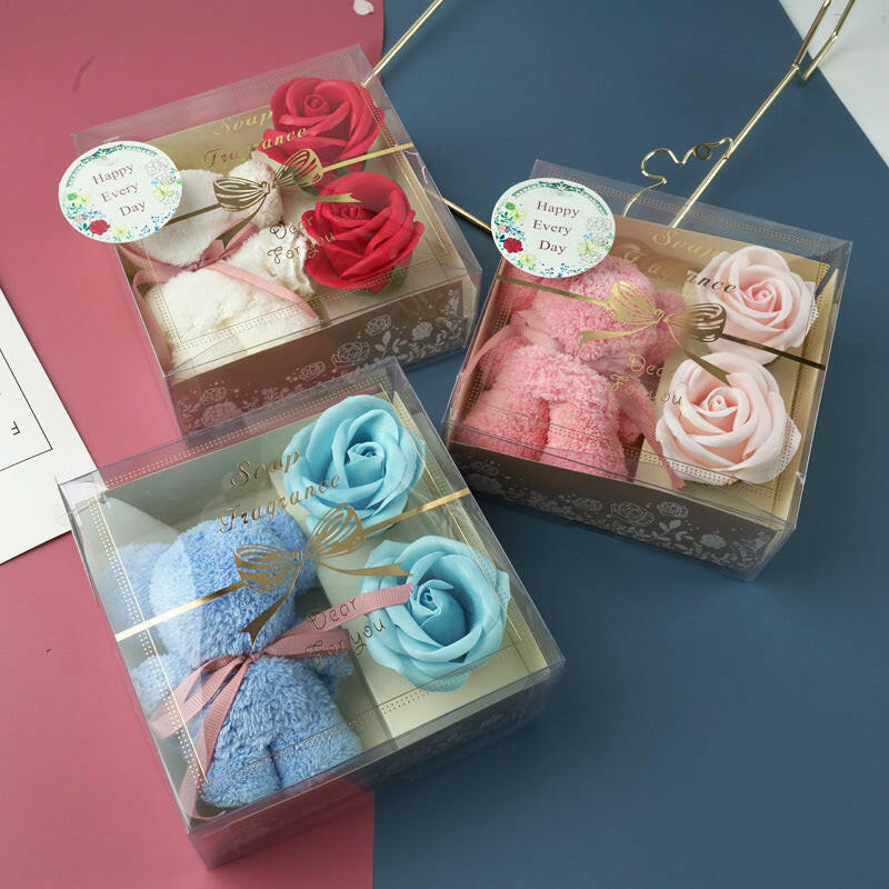 Handmade towel bear in a soap flower gift box, available in red, blue, and pink, perfect for gifting with a charming and fragrant touch