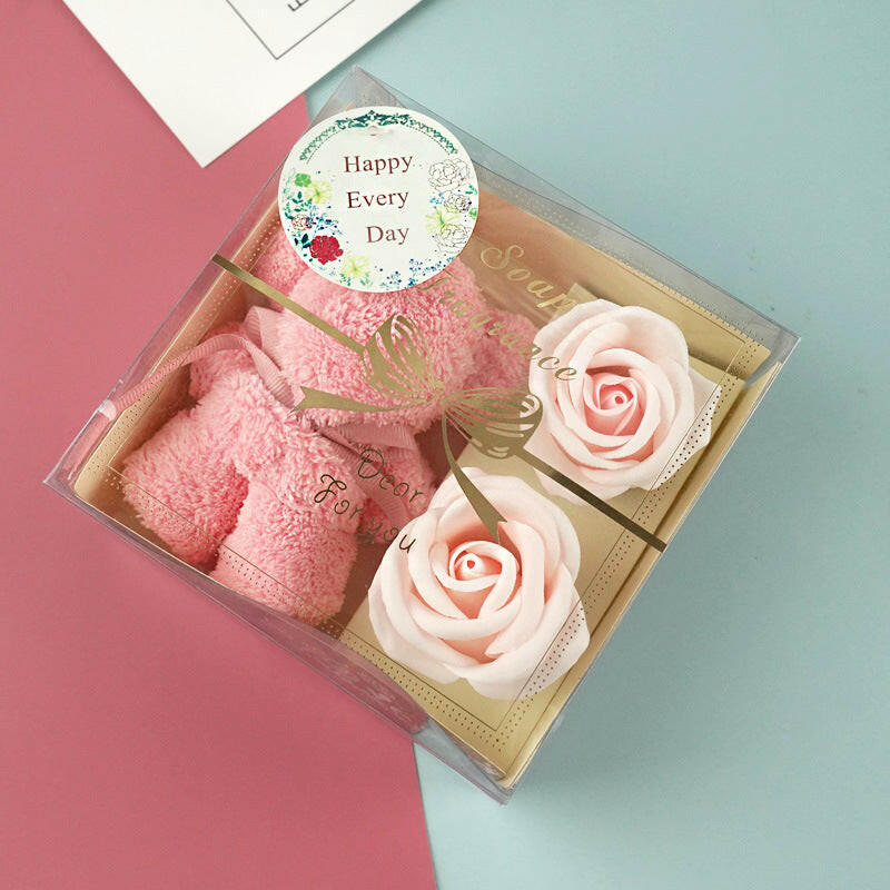 Handmade towel bear in a soap flower gift box, available in red, blue, and pink, perfect for gifting with a charming and fragrant touch