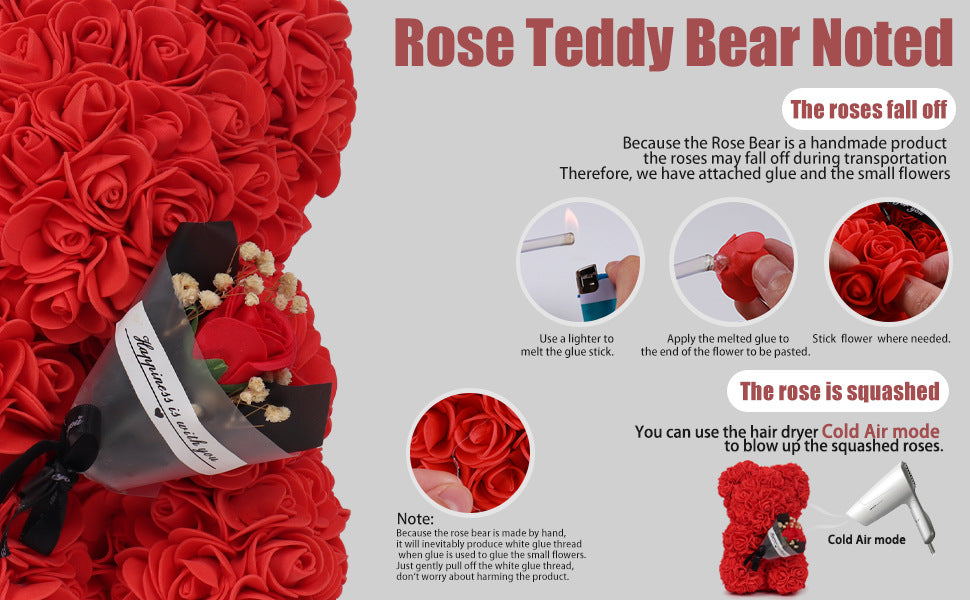 "Rose Flower Teddy Bear β A beautifully crafted teddy bear made from artificial roses, available in various elegant gift box colors. A perfect romantic gift for Valentine's Day, anniversaries, birthdays, weddings, and special occasions."