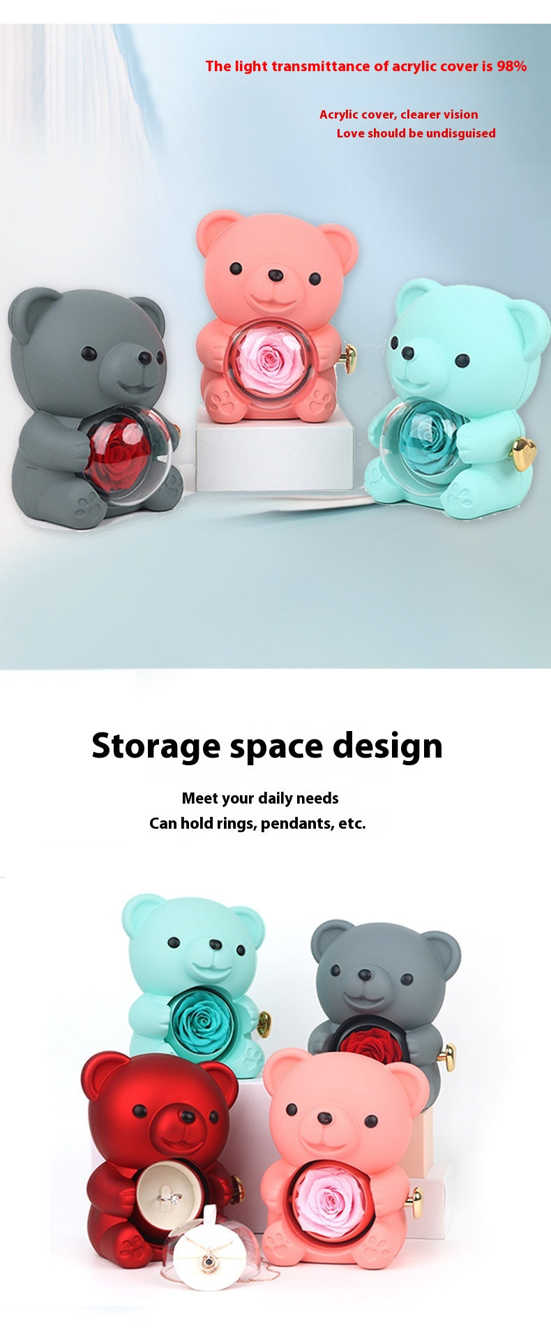 **Rotating Bear Gift Box β Playful & Elegant Packaging π** A **plastic jewelry box** with a **rotating bear design** and **preserved plastic flowers**, perfect for gifting jewelry. Measures **12x13x15.5cm**. Adds charm to your special present! π