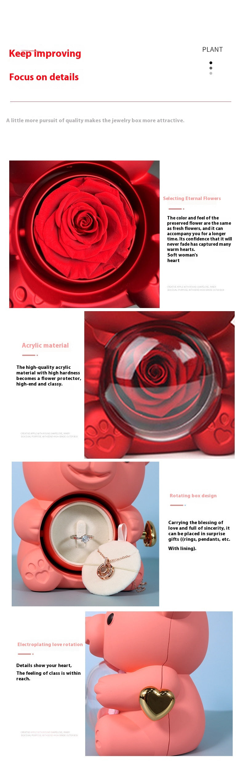 **Rotating Bear Gift Box β Playful & Elegant Packaging π** A **plastic jewelry box** with a **rotating bear design** and **preserved plastic flowers**, perfect for gifting jewelry. Measures **12x13x15.5cm**. Adds charm to your special present! π