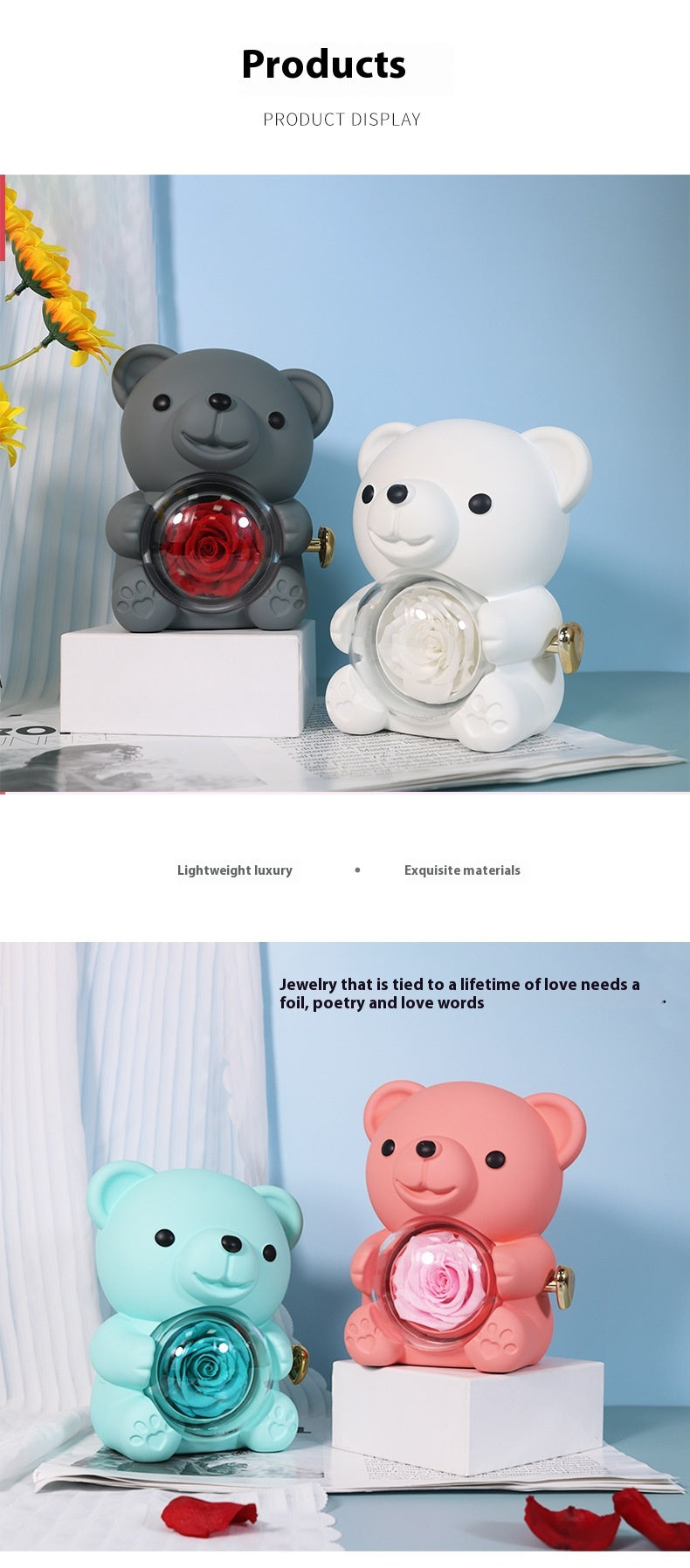 **Rotating Bear Gift Box β Playful & Elegant Packaging π** A **plastic jewelry box** with a **rotating bear design** and **preserved plastic flowers**, perfect for gifting jewelry. Measures **12x13x15.5cm**. Adds charm to your special present! π