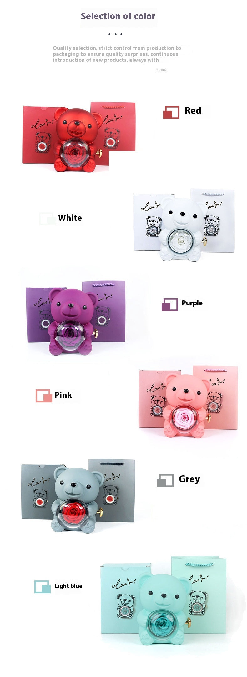 **Rotating Bear Gift Box β Playful & Elegant Packaging π** A **plastic jewelry box** with a **rotating bear design** and **preserved plastic flowers**, perfect for gifting jewelry. Measures **12x13x15.5cm**. Adds charm to your special present! π
