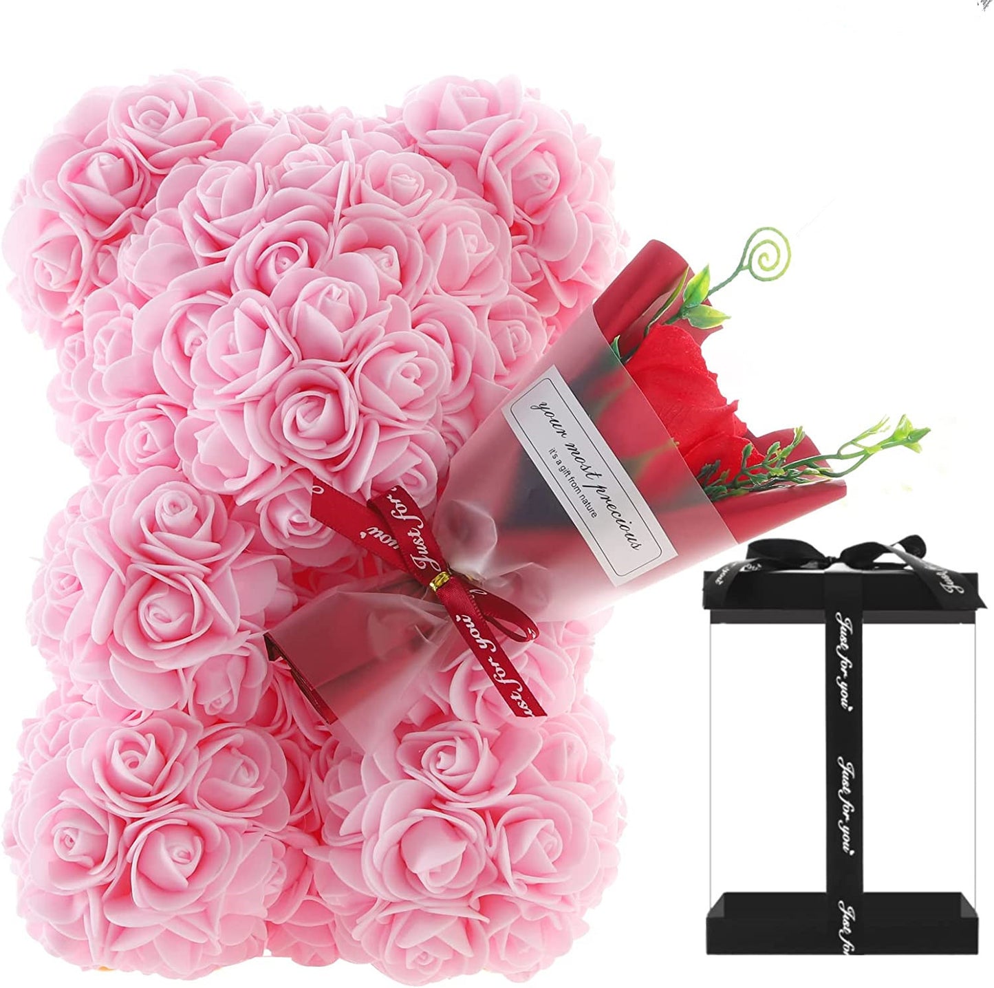 "Rose Flower Teddy Bear β A beautifully crafted teddy bear made from artificial roses, available in various elegant gift box colors. A perfect romantic gift for Valentine's Day, anniversaries, birthdays, weddings, and special occasions."