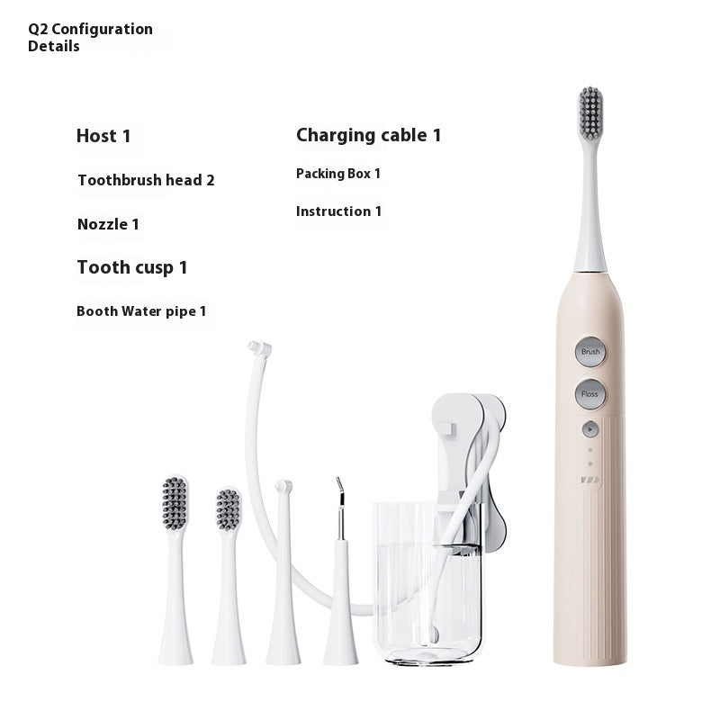 Three-in-one waterproof smart electric toothbrush and oral irrigator in multiple colors (Q1 White, Q1 Black, Q2 White, Q2 Pink), featuring a rechargeable power type, magnetic suspension motor, and over 5 gear settings for customizable cleaning.
